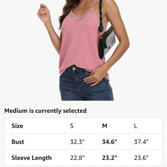 V-neck Sleeveless Camisole Lace Trim Tank Top Spaghetti Straps Cami, Pink Medium - Picture 3 of 5